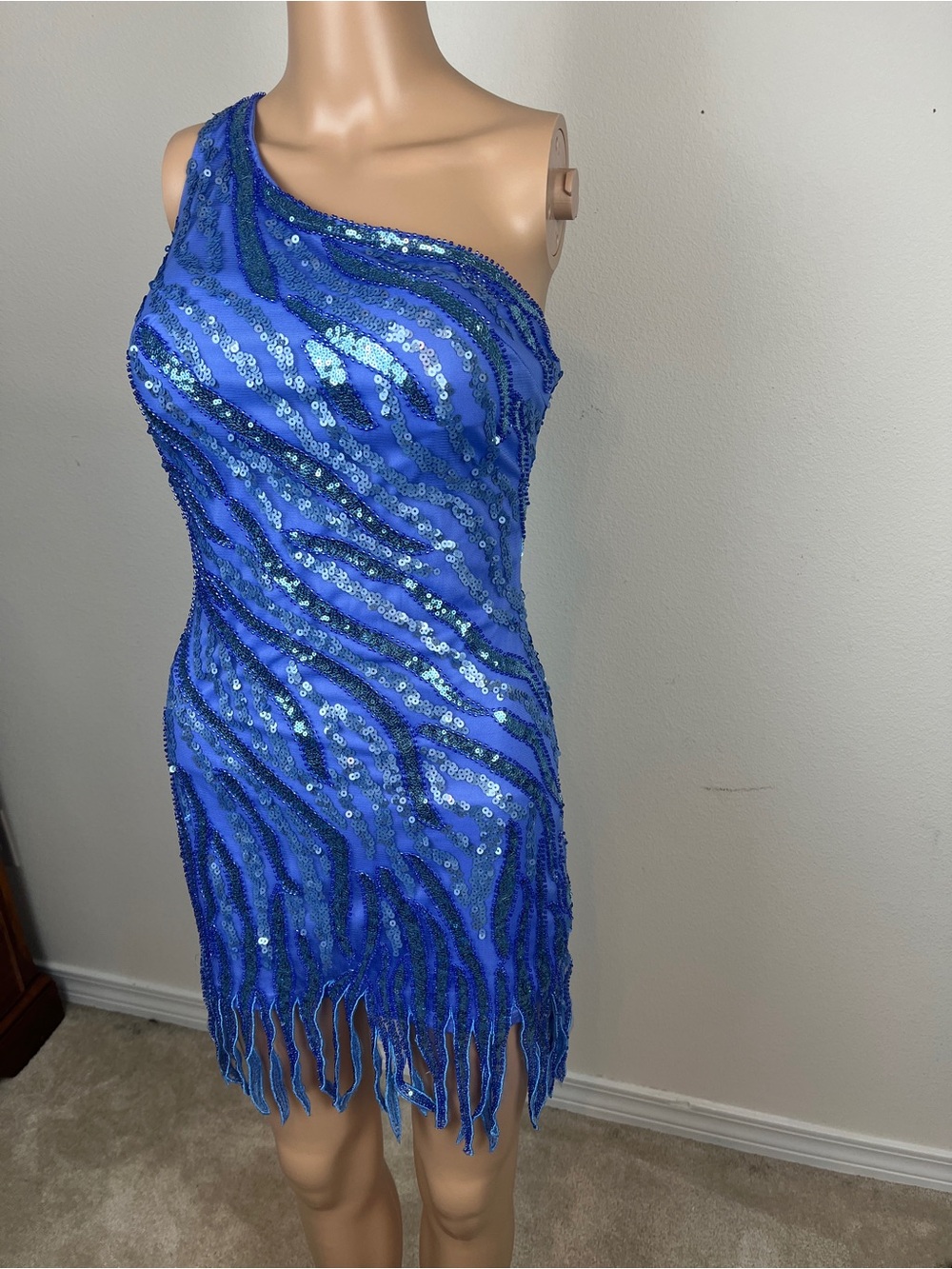 Blue Sequin Mini Dress One-Shoulder Sequin Fringe, Zapaka Dress